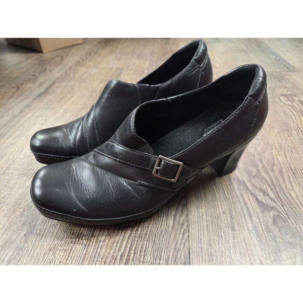 Clarks Artisan Mules Clogs Heel Black Leather Buckle Slip On Shoes Size 9N